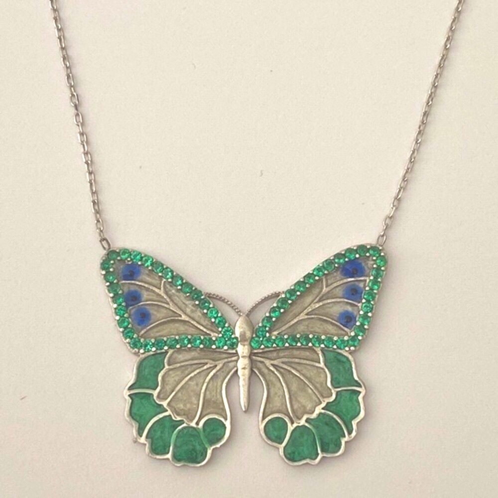 925 Silver butterfly necklace evil eye green handmade enamel